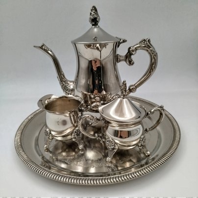 Набор кофейный (кофейник, сахарница, молочник на подносе), металл, серебрение, Европа, 1970-2000 гг.