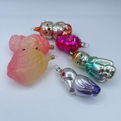 Набор винтажных ёлочных игрушек "Зверушки" (6 шт.), стекло, краска, металл, СССР, 1950-1980 гг.