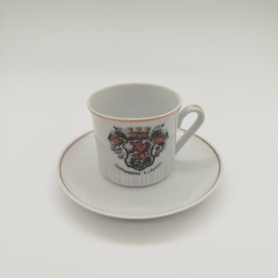 Кофейная пара сувенирная, украшенная гербом города Ostseebad Lubmin, фарфор, деколь с подрисовкой, обводка, ГДР, 1950-1970 гг.