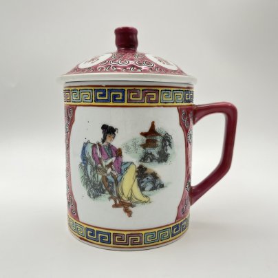 Чашка (бокал) с крышкой для заваривания чая "Долголетие", фарфор, роспись эмалевыми красками, деколь, подрисовка, Китай, 1960-1980 гг.