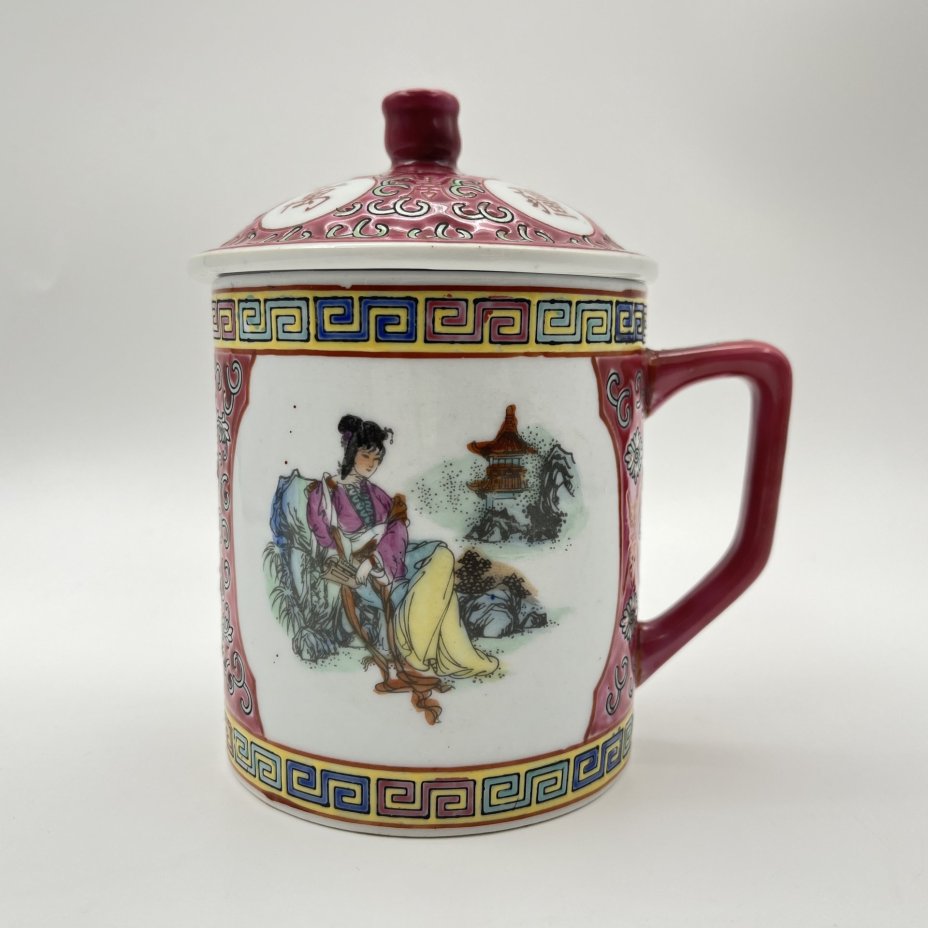 Чашка (бокал) с крышкой для заваривания чая "Долголетие", фарфор, роспись эмалевыми красками, деколь, подрисовка, Китай, 1960-1980 гг.