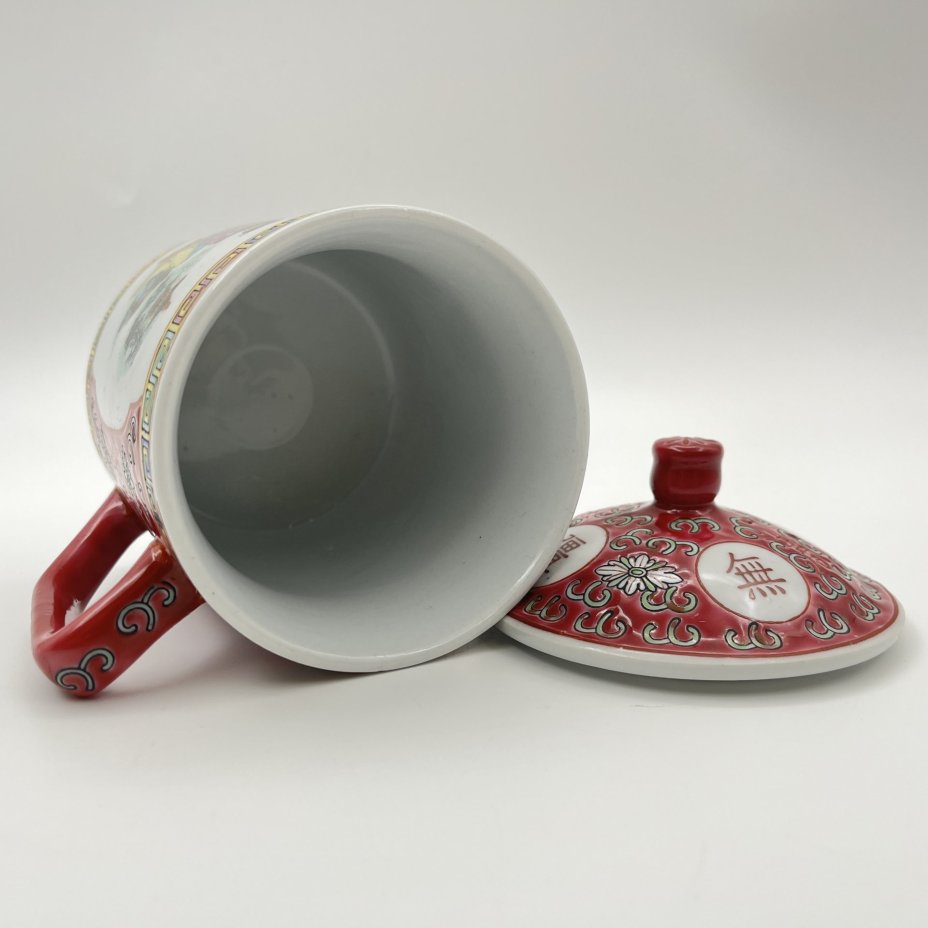 Чашка (бокал) с крышкой для заваривания чая "Долголетие", фарфор, роспись эмалевыми красками, деколь, подрисовка, Китай, 1960-1980 гг.