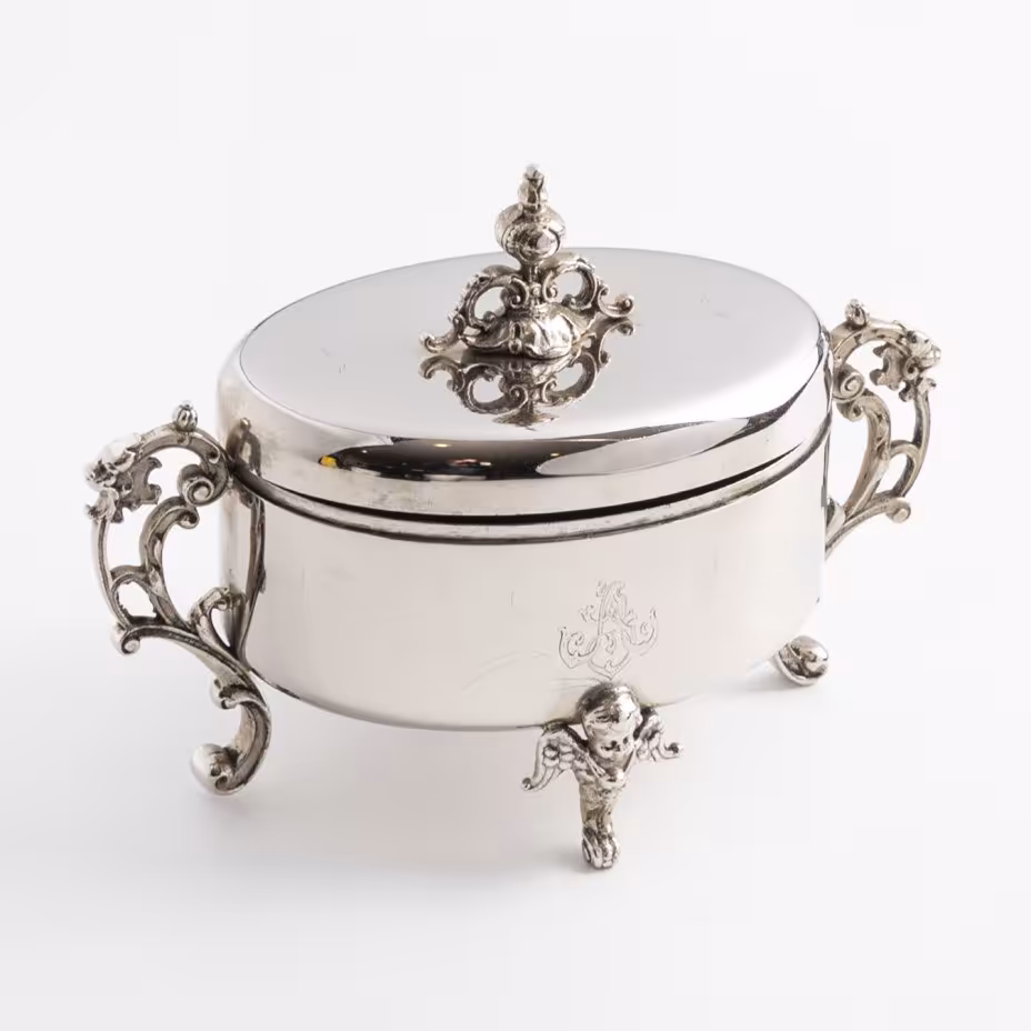 Сахарница с монограммой, сплав металла, литьё, фабрика "Schiffers&Co", Варшава, 1888-1914 гг., Schiffers & Co. (А.Б. Шифферс и Ко)