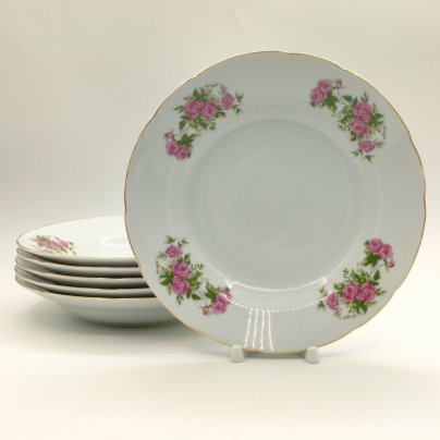 Набор из 6-ти суповых тарелок, украшенных декором в виде роз, фарфор, деколь, золочение, MS China, Япония, 1970-1990 гг.
