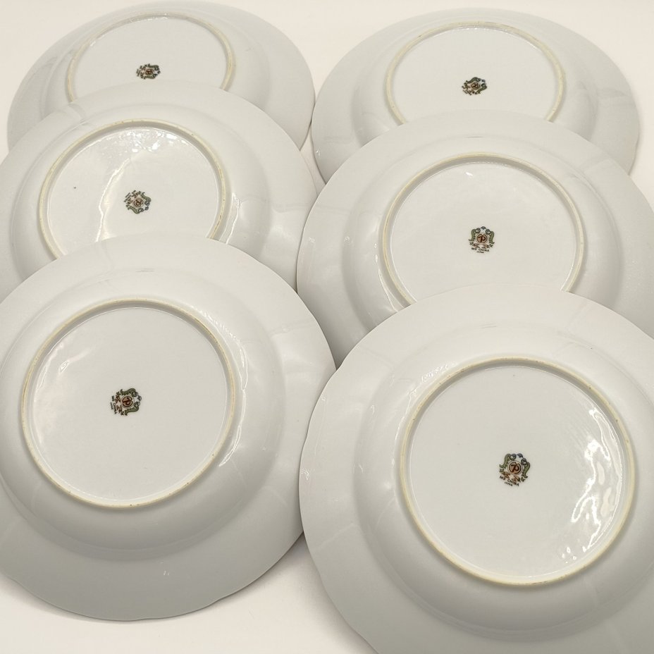 Набор из 6-ти суповых тарелок, украшенных декором в виде роз, фарфор, деколь, золочение, MS China, Япония, 1970-1990 гг.