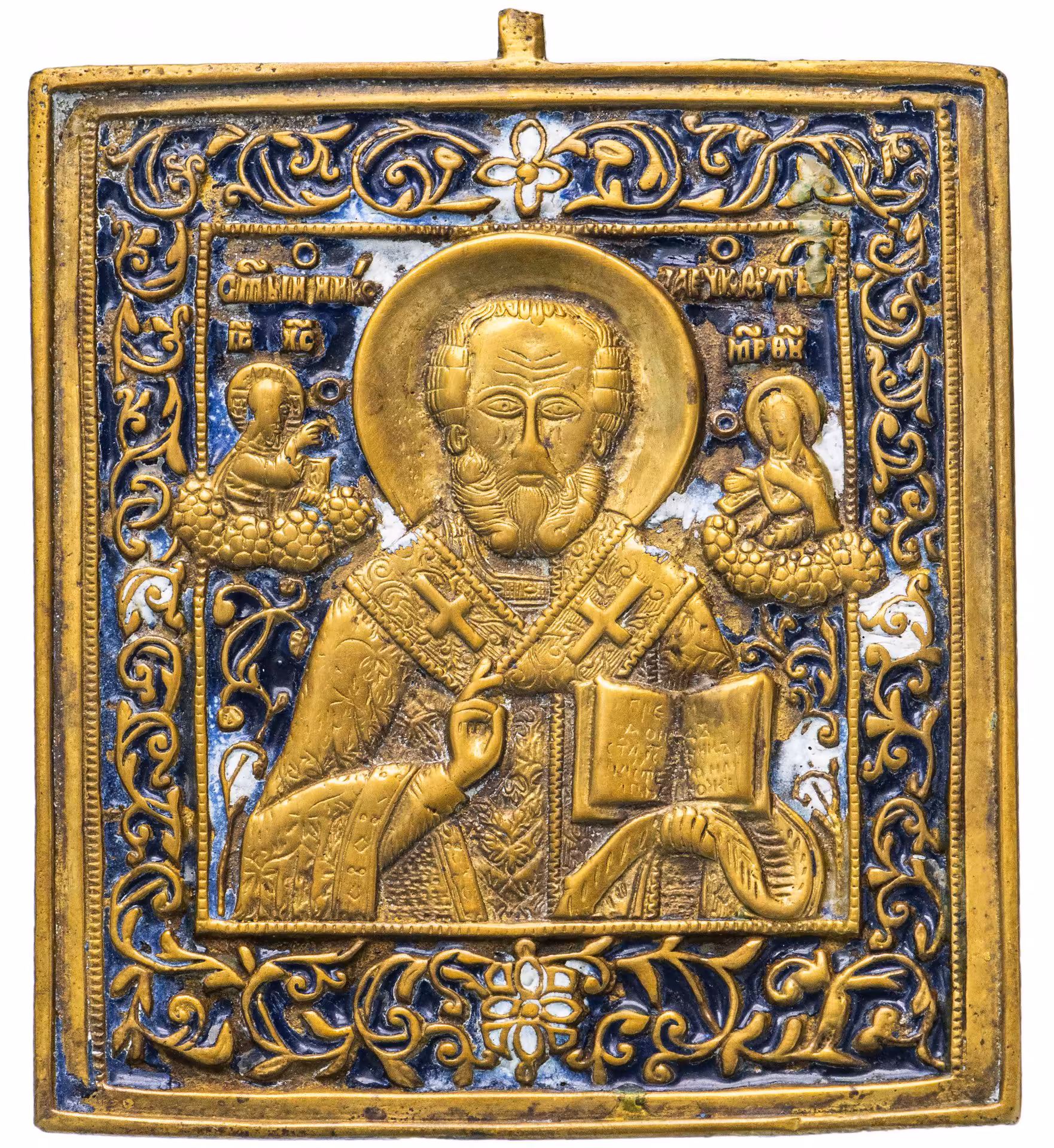 Икона "Святитель Николай Чудотворец" (Николай Угодник), бронза, литье, полихромные эмали, Российская Империя, 1850-1890 гг.