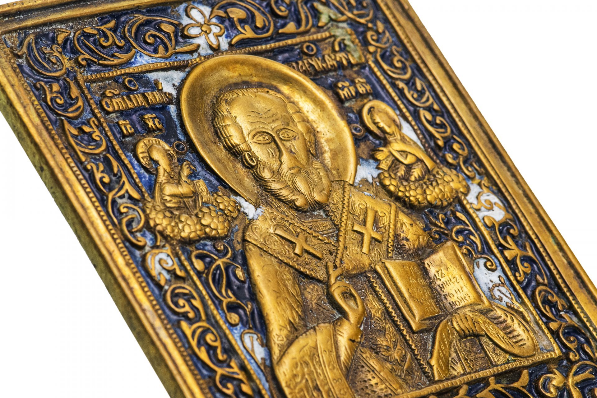 Икона "Святитель Николай Чудотворец" (Николай Угодник), бронза, литье, полихромные эмали, Российская Империя, 1850-1890 гг.