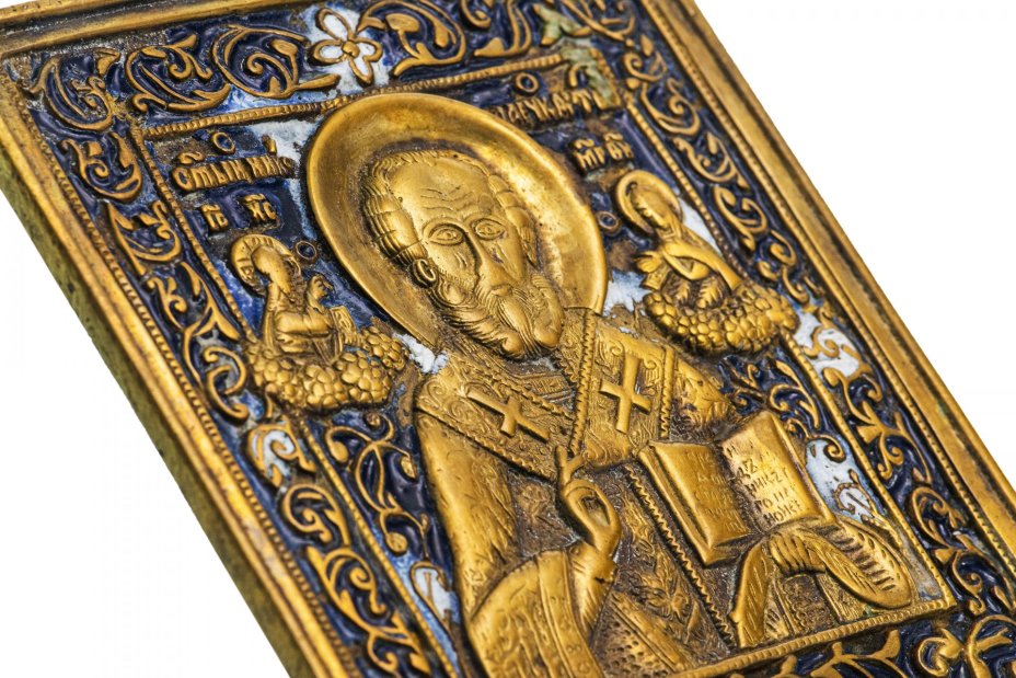 Икона "Святитель Николай Чудотворец" (Николай Угодник), бронза, литье, полихромные эмали, Российская Империя, 1850-1890 гг.