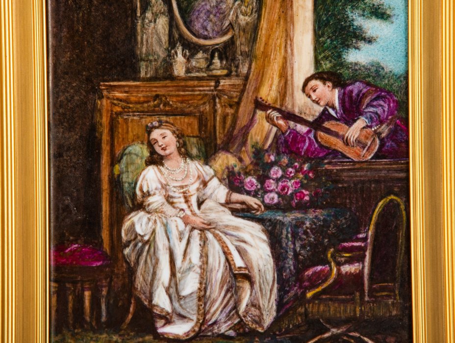 Фарфоровая плакетка "Le Prin..." (неразборчиво), худ. Мари Бессон, фарфор, роспись, дерево, Франция, 1907-1909 гг.