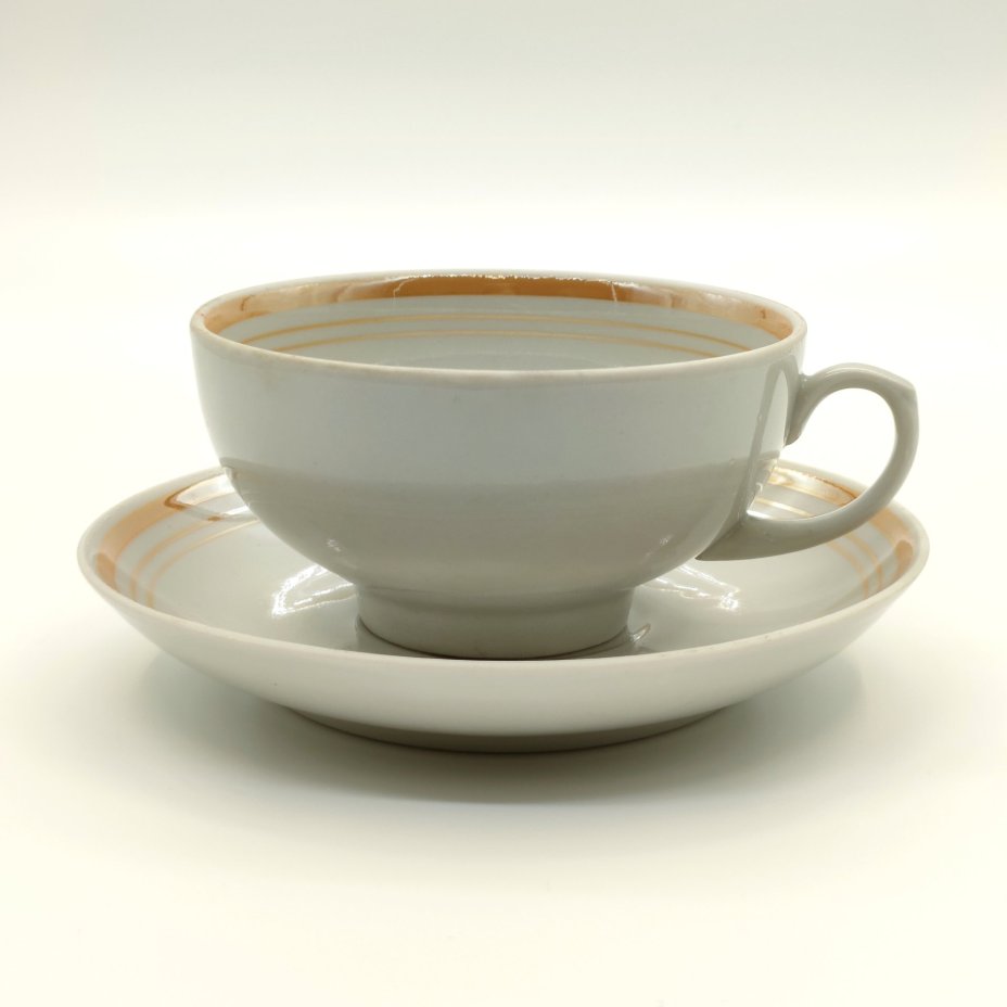 Пара чайная с лаконичным декором, фарфор, обводка, Дулевский фарфоровый завод (Дулёво), СССР, 1992 г.