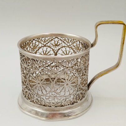 Подстаканник с ажурным цветочным декором, металл, скань, Мстерская художественная фабрика  «Ювелир», СССР, 1957 г.