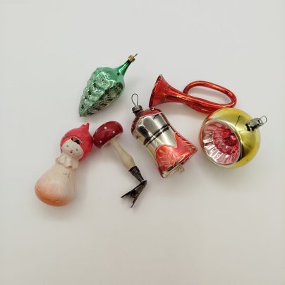 Набор из шести елочных игрушек, стекло, металл, СССР, 1960-1980 гг.