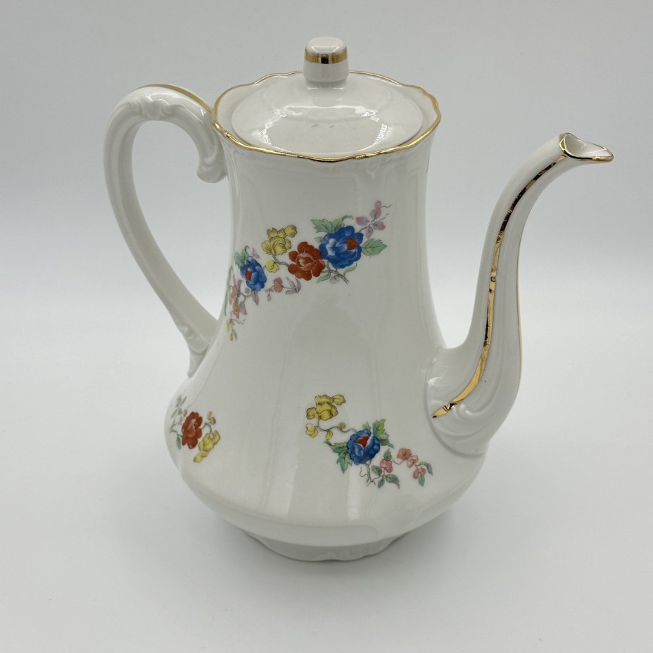 Чайник (кофейник), украшенный изображением корзины цветов, крышка в подборе, Balleroy Freres
