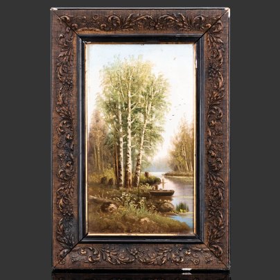 Картина "Пейзаж с березами, водоемом и лодкой", оформленная в раму, неизвестный художник, дерево, фанера, масло, Россия, 1900-1940 гг.