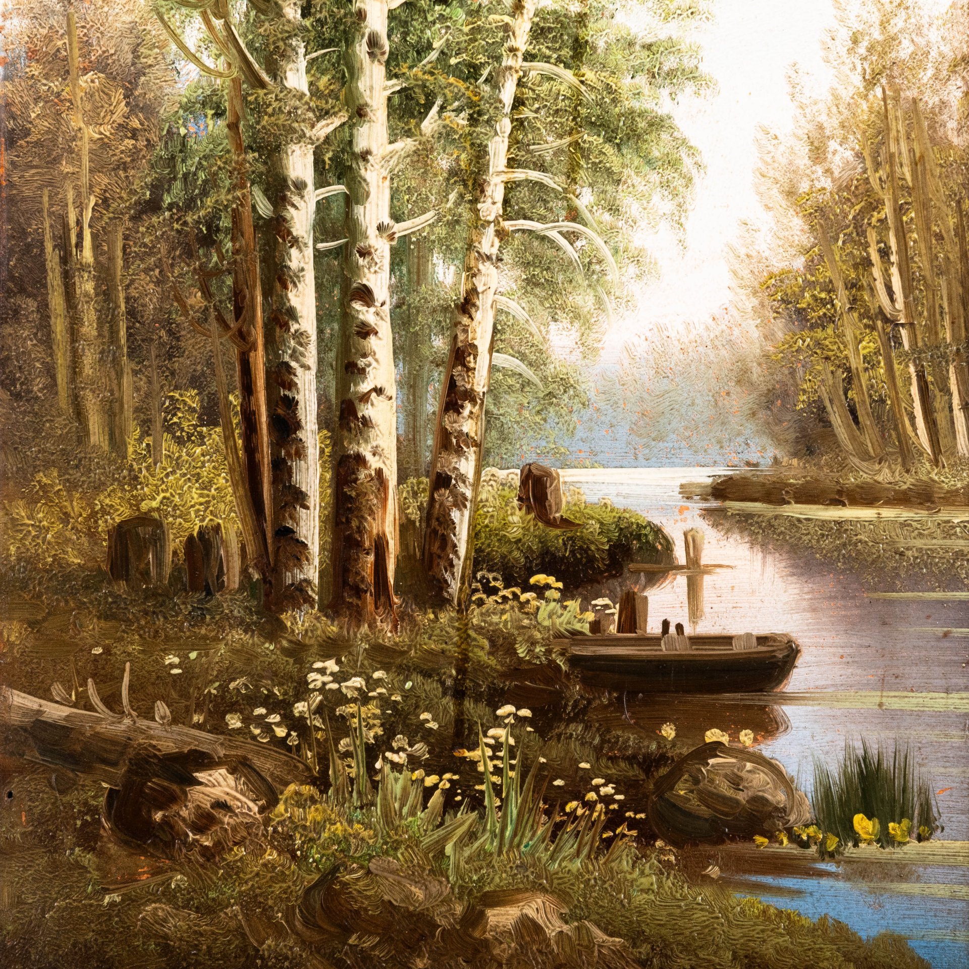Картина "Пейзаж с березами, водоемом и лодкой", оформленная в раму, неизвестный художник, дерево, фанера, масло, Россия, 1900-1940 гг.
