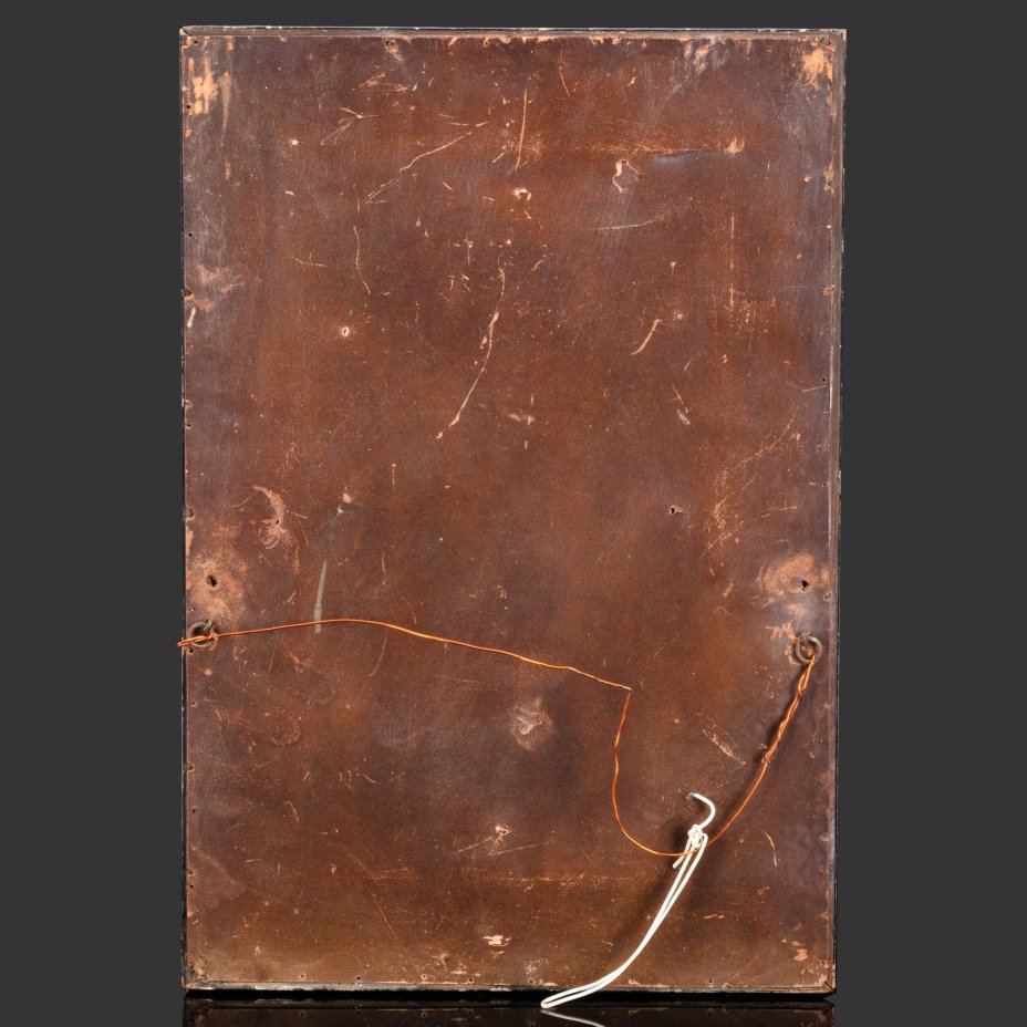 Картина "Пейзаж с березами, водоемом и лодкой", оформленная в раму, неизвестный художник