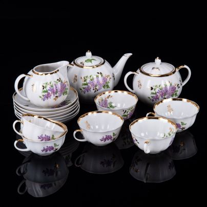 Сервиз чайный на 6 персон "Сирень" (15 предметов), фарфор, деколь, золочение, Дулевский фарфоровый завод (Дулёво), СССР, 1963 г.