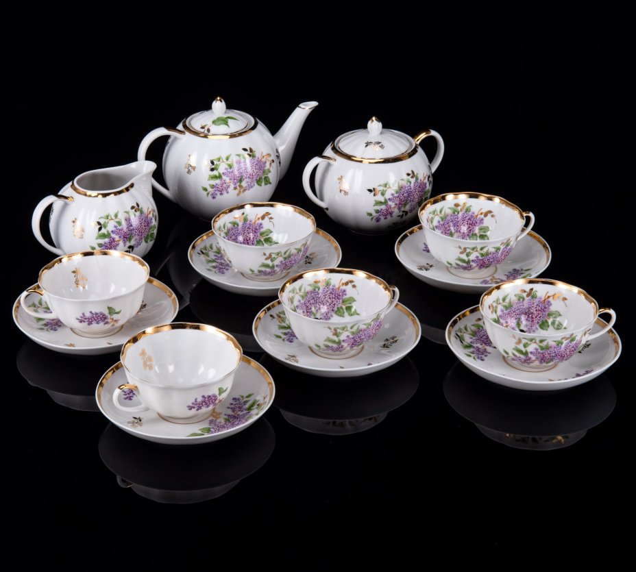 Сервиз чайный на 6 персон "Сирень" (15 предметов), фарфор, деколь, золочение, Дулевский фарфоровый завод (Дулёво), СССР, 1963 г.