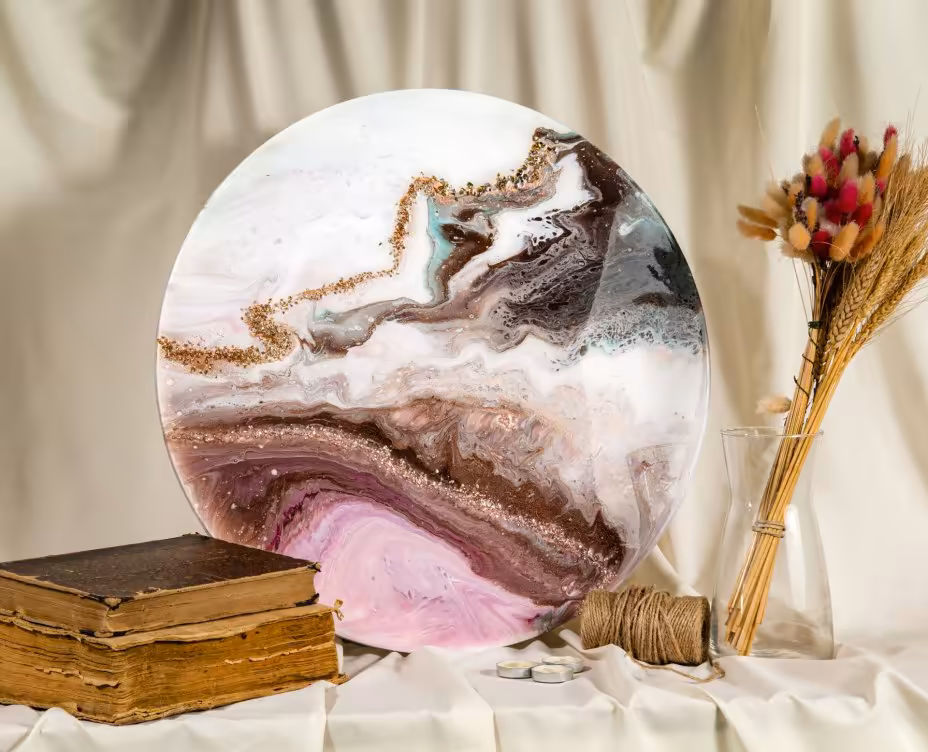 Панно настенное декоративное "Утреннее небо", авторская работа в технике Resin Art, глянцевое 3D покрытие, натуральный камень, Россия, 2020 г.