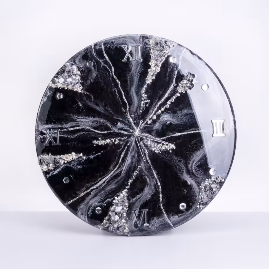 Часы настенные, авторская ручная работа в технике Resin Art, Глянцевое 3D покрытие, натуральный камень, Россия, 2021 г.