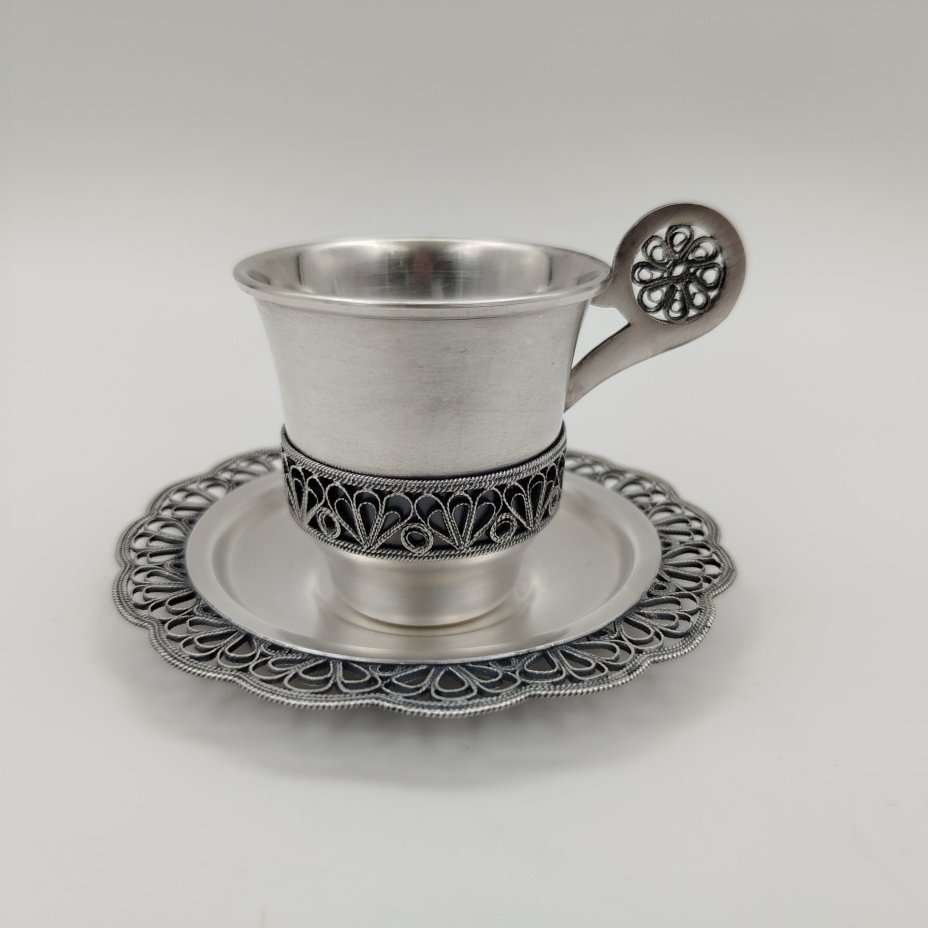 Кофейная пара украшенная ажурным декором, мельхиор (медь-никель), Мстерская художественная фабрика  «Ювелир»