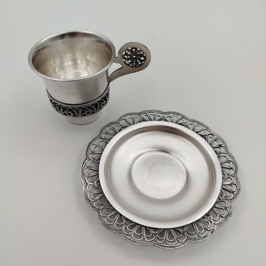 Кофейная пара украшенная ажурным декором, мельхиор (медь-никель), Мстерская художественная фабрика  «Ювелир»