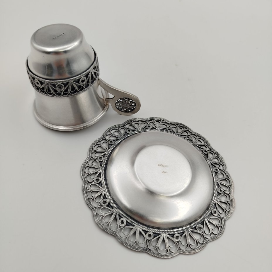 Кофейная пара украшенная ажурным декором, мельхиор (медь-никель), Мстерская художественная фабрика  «Ювелир»
