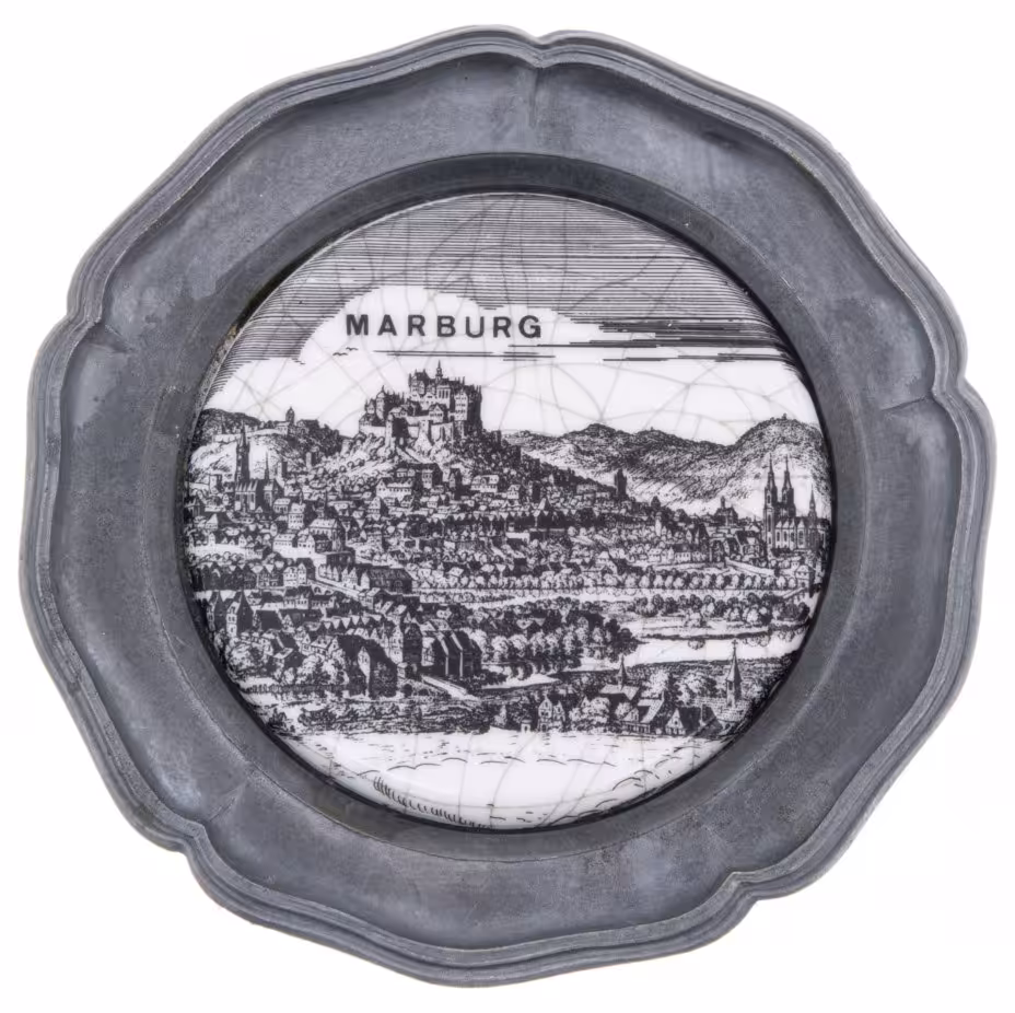 Тарелка настенная декоративная с видом города "Marburg", олово, фарфор, деколь, Германия,  1970-1980 гг.