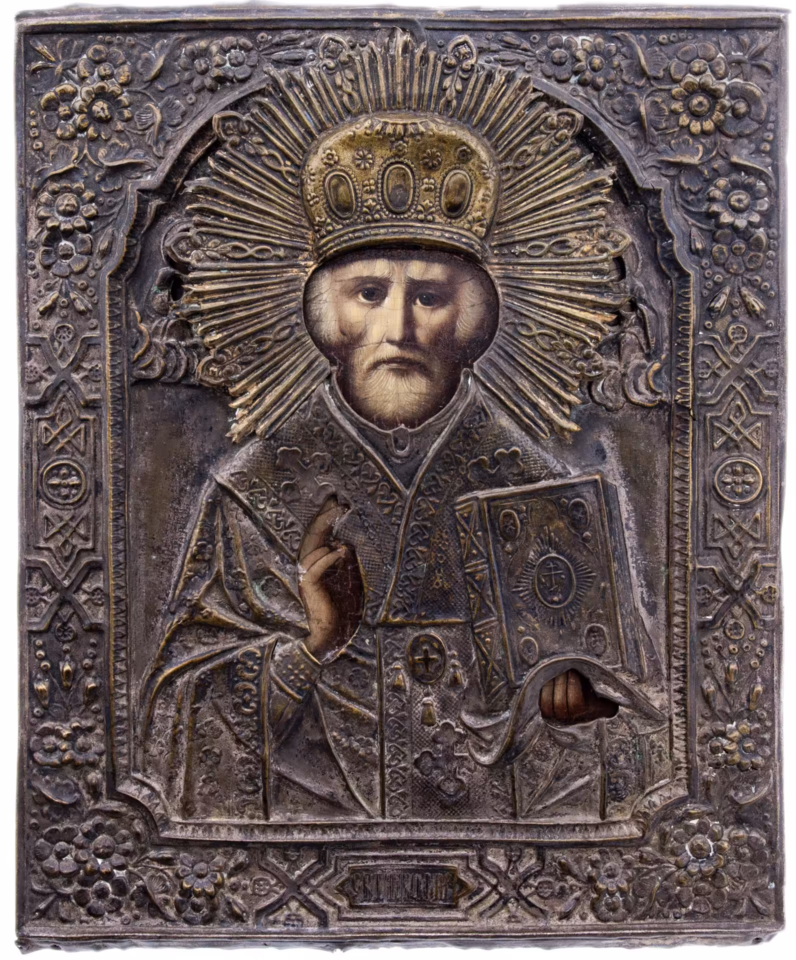 Икона "Святой Николай" в окладе, дерево, масло, латунь, Россия, 1990 гг.