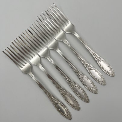 Набор из 6-ти столовых вилок "Пламя", мНЦ (медь-никель-цинк), Кольчугинский завод цветных металлов, СССР, 1960-1990 гг.