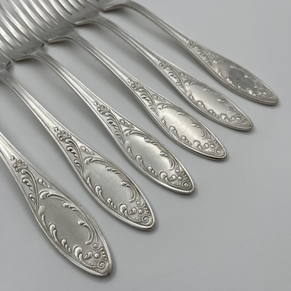 Набор из 6-ти столовых вилок "Пламя", мНЦ (медь-никель-цинк), Кольчугинский завод цветных металлов, СССР, 1960-1990 гг.