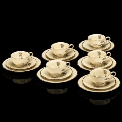 Набор чайных трио с изображением пейзажа на 6 персон, фарфор, деколь, золочение, Heinrich & Co., Германия, 1950-1970 гг.