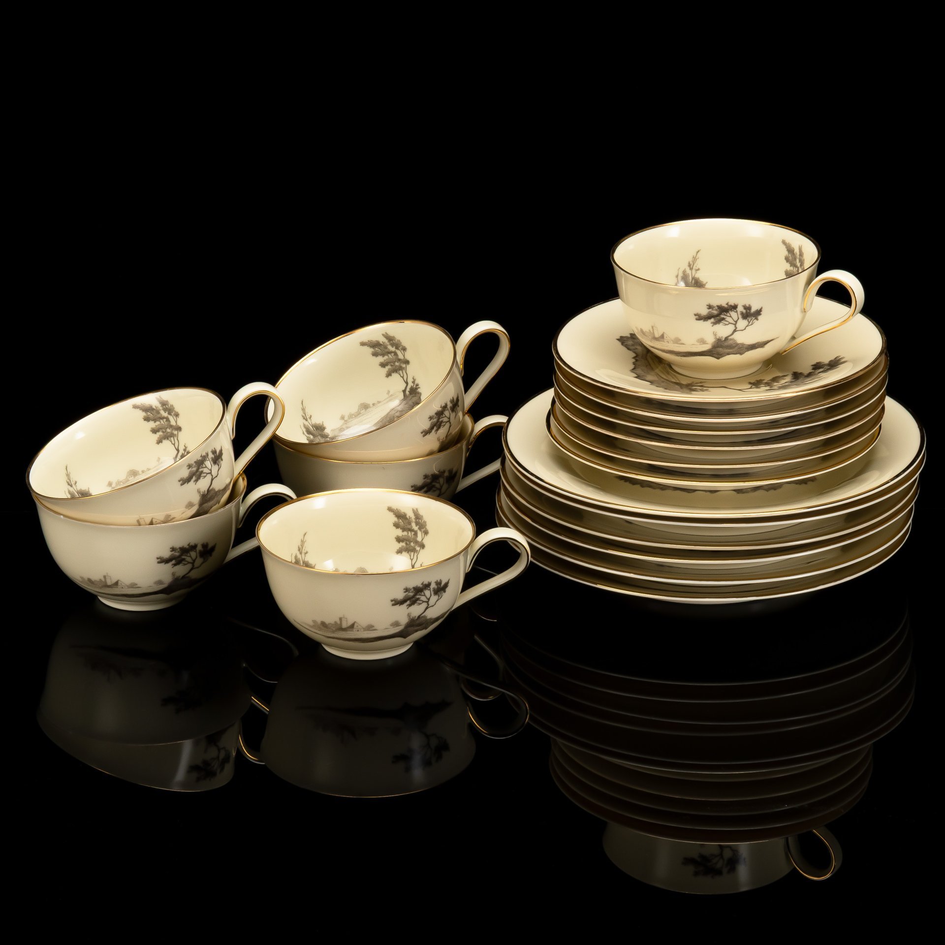 Набор чайных трио с изображением пейзажа на 6 персон, фарфор, деколь, золочение, Heinrich & Co., Германия, 1950-1970 гг.