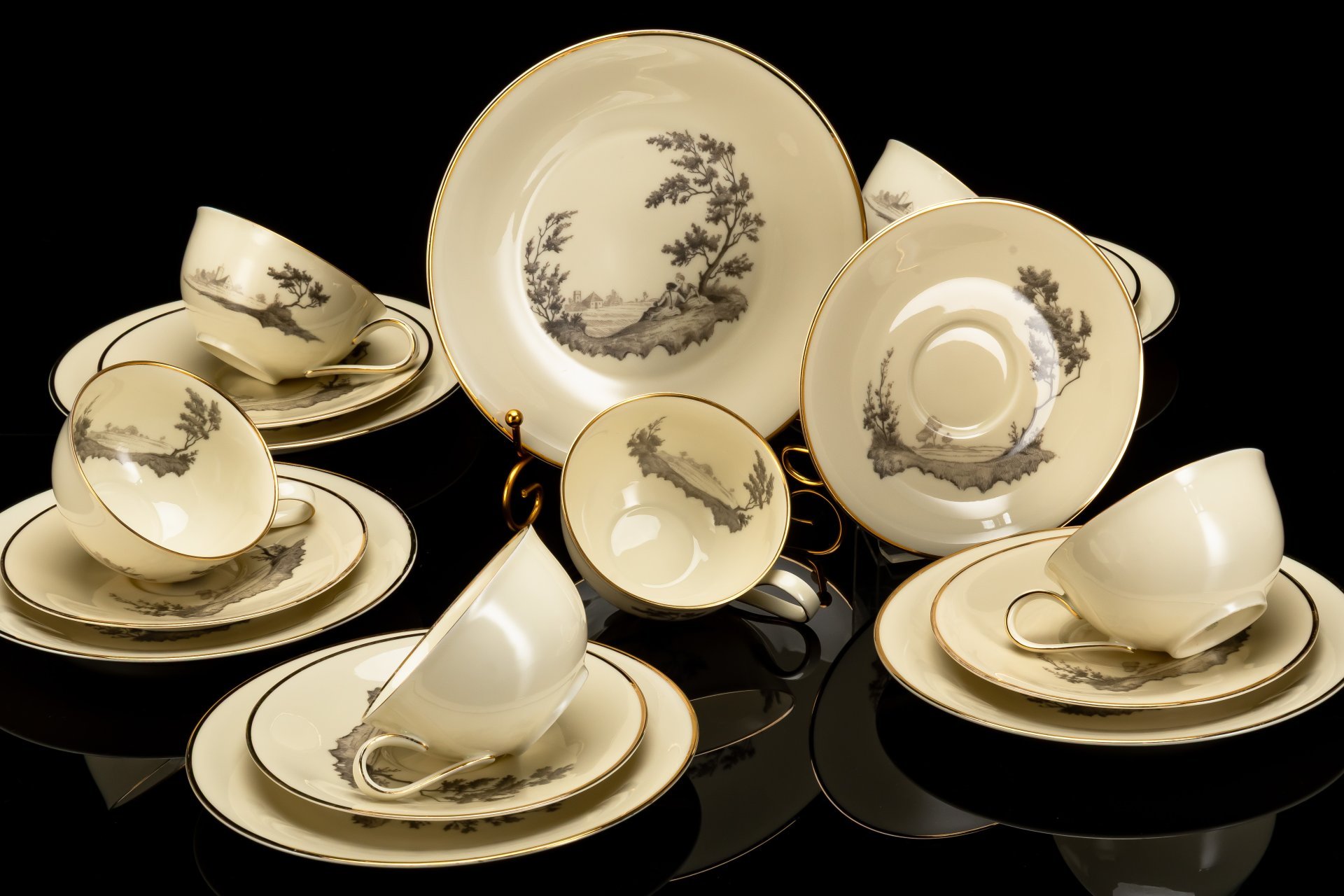 Набор чайных трио с изображением пейзажа на 6 персон, фарфор, деколь, золочение, Heinrich & Co., Германия, 1950-1970 гг.