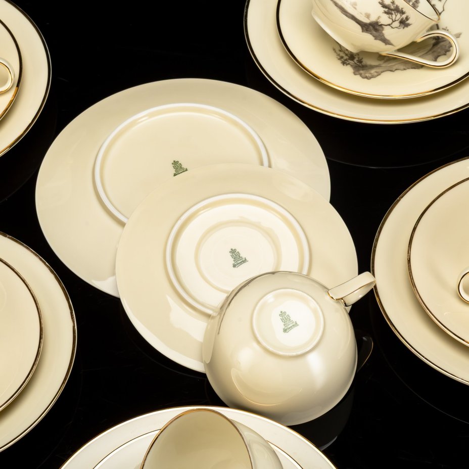 Набор чайных трио с изображением пейзажа на 6 персон, фарфор, деколь, золочение, Heinrich & Co., Германия, 1950-1970 гг.