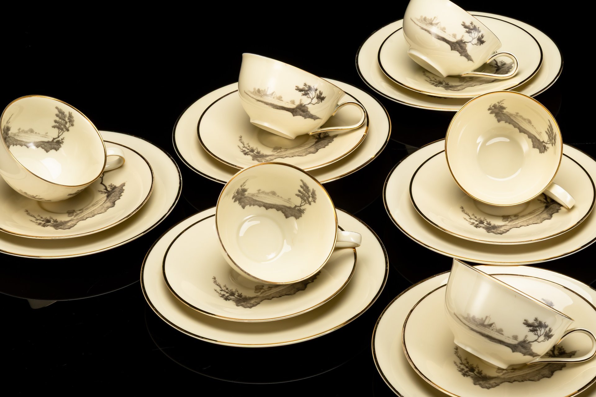 Набор чайных трио с изображением пейзажа на 6 персон, фарфор, деколь, золочение, Heinrich & Co., Германия, 1950-1970 гг., Heinrich & Co.