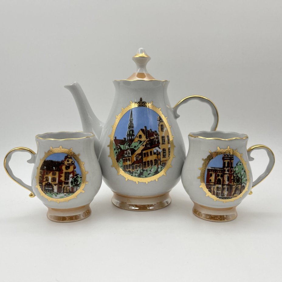 Кофейный набор "Рига" на 2 персоны (7 предметов), фарфор, люстр, деколь, золочение, Рижский фарфорово-фаянсовый завод, СССР, 1970-1980 гг.