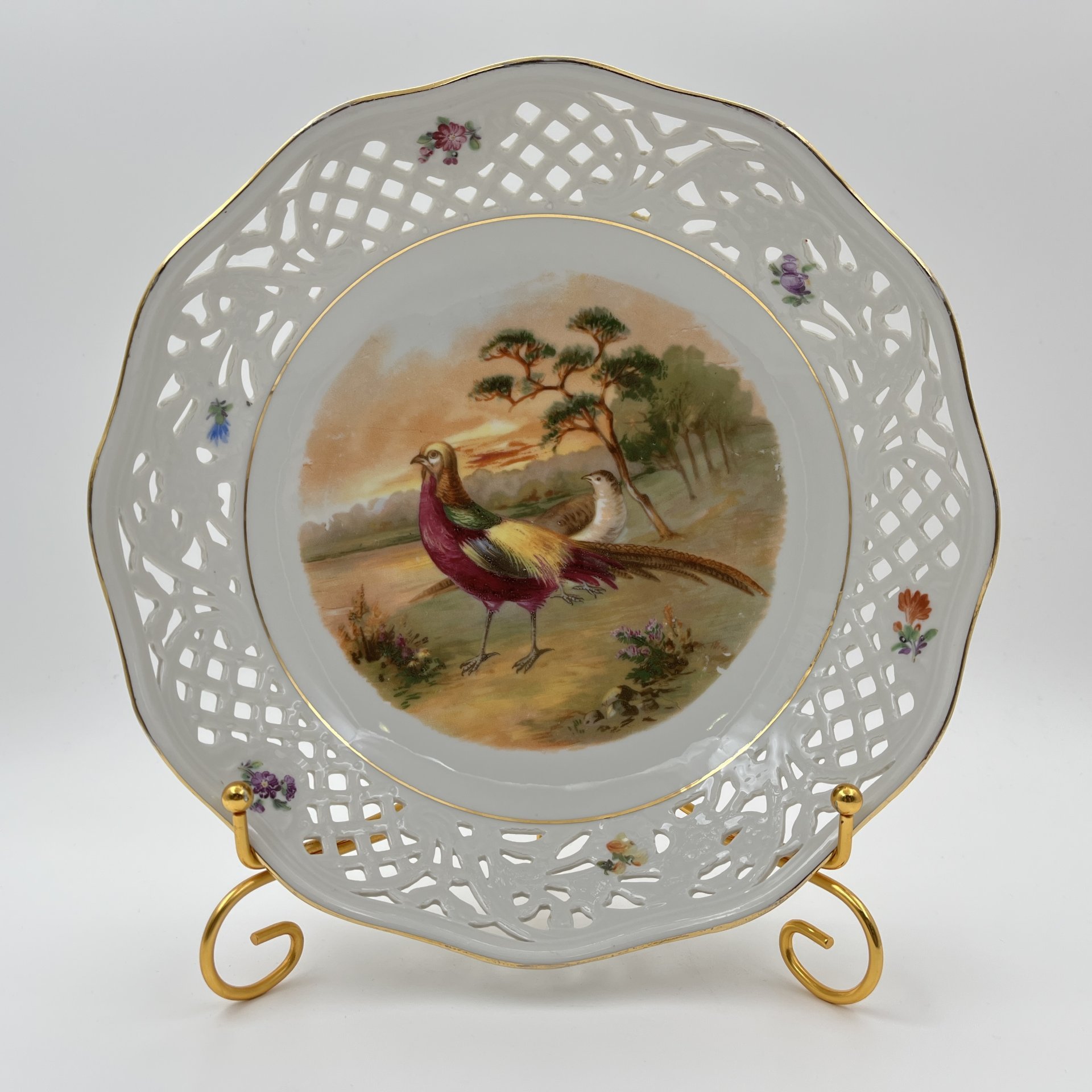 Сухарница с прорезным бортом и изображением фазанов, фарфор, деколь, золочение, Carl Schumann, Arzberg, Bavaria, Германия, 1945-1950 гг.