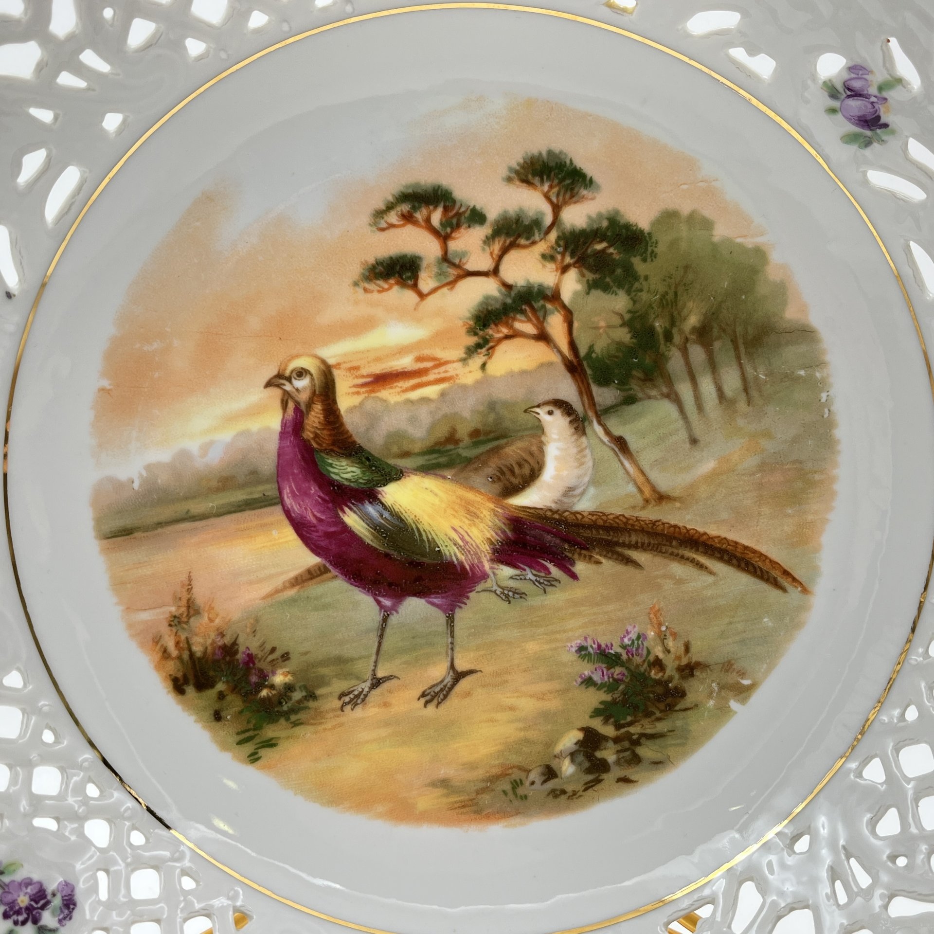 Сухарница с прорезным бортом и изображением фазанов, фарфор, деколь, золочение, Carl Schumann, Arzberg, Bavaria, Германия, 1945-1950 гг.