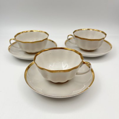 Набор из 3-х чайных пар с лакончиным декором, фарфор, золочение, Дулевский фарфоровый завод (Дулёво), СССР, 1989 г.