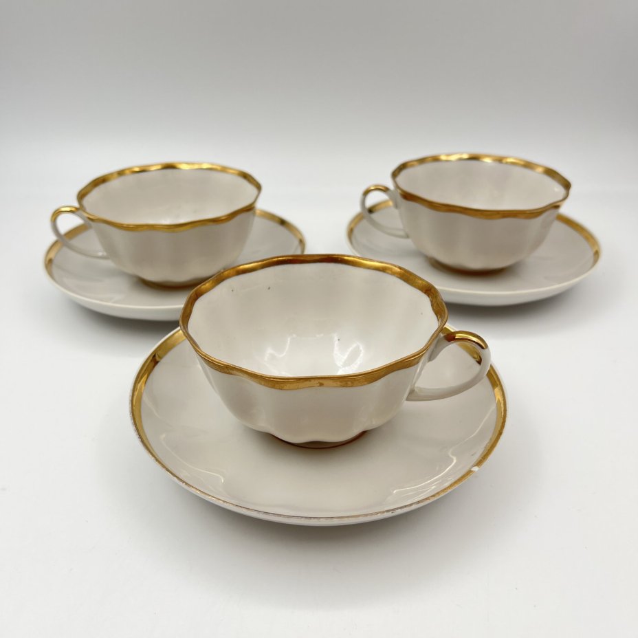 Набор из 3-х чайных пар с лакончиным декором, фарфор, золочение, Дулевский фарфоровый завод (Дулёво), СССР, 1989 г.