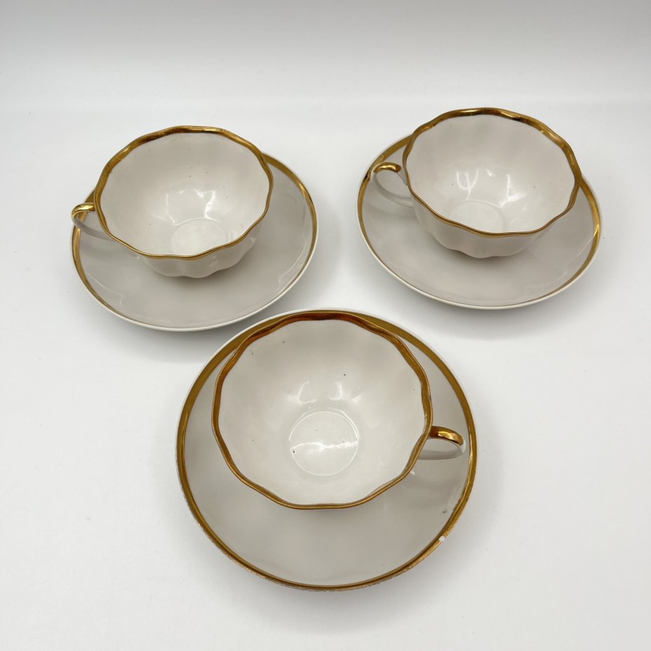 Набор из 3-х чайных пар с лакончиным декором, фарфор, золочение, Дулевский фарфоровый завод (Дулёво), СССР, 1989 г.