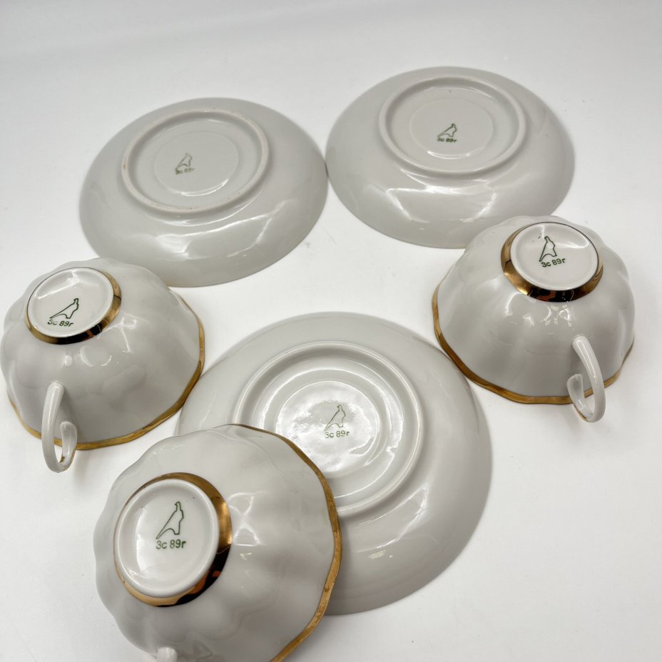 Набор из 3-х чайных пар с лакончиным декором, фарфор, золочение, Дулевский фарфоровый завод (Дулёво), СССР, 1989 г.