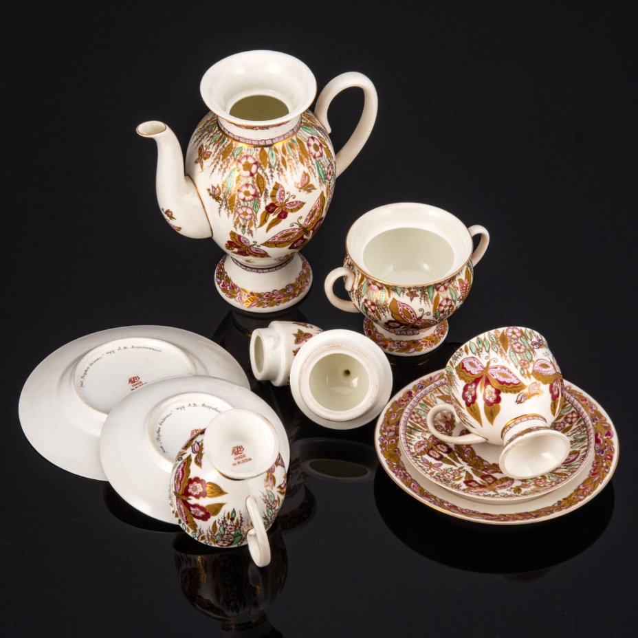 Набор чайно-кофейный тет-а-тет "Розовые бабочки", художник А.В.Воробьевский, Ленинградский фарфоровый завод (ЛФЗ)