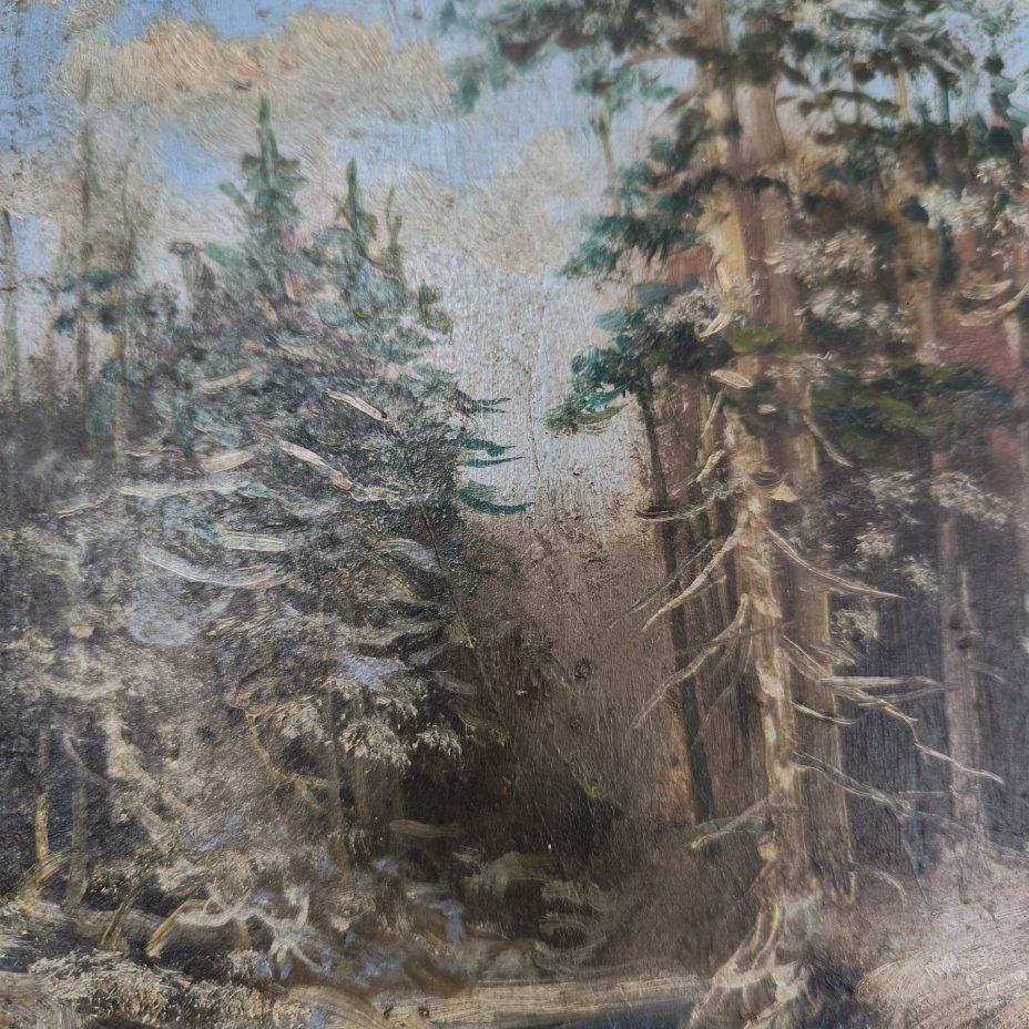 Картина "Зимний пейзаж с елями", неизвестный художник, картон, масло, СССР, 1940-1970 гг.