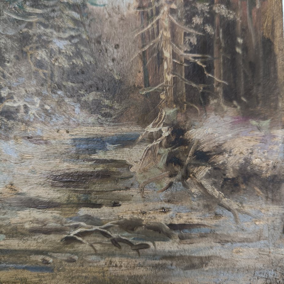 Картина "Зимний пейзаж с елями", неизвестный художник, картон, масло, СССР, 1940-1970 гг.