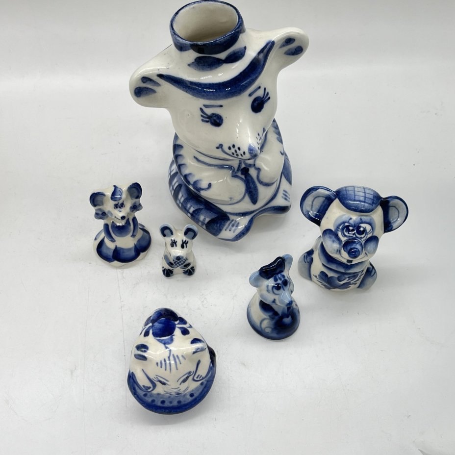 Набор из 6 статуэток "Мыши" (подбор), Гжель