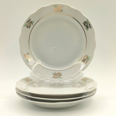 Набор из 4-х десертных тарелок с декором "Роза", фарфор, деколь, золочение, Дулевский фарфоровый завод (Дулёво), СССР, 1964 г.
