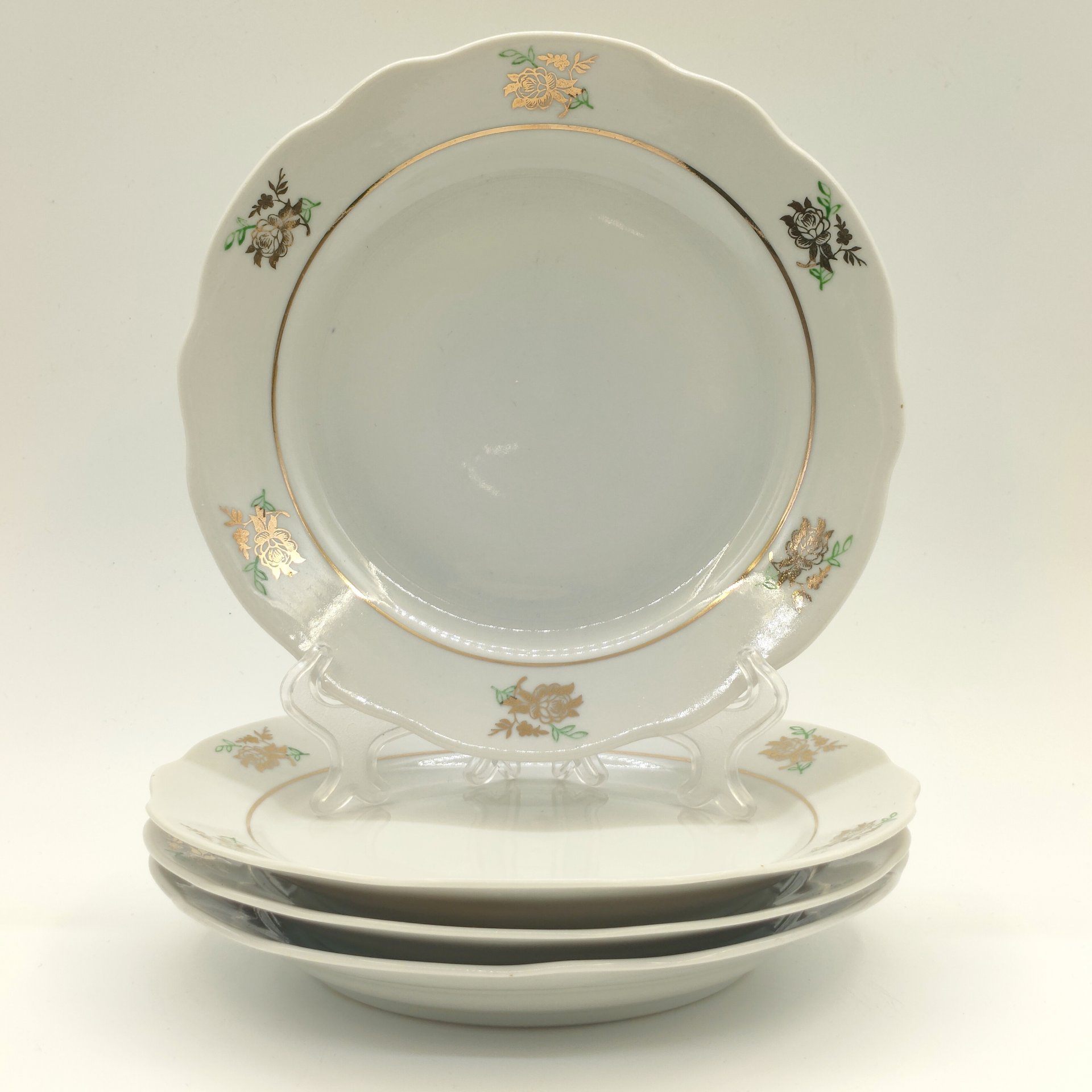 Набор из 4-х десертных тарелок с декором "Роза", фарфор, деколь, золочение, Дулевский фарфоровый завод (Дулёво), СССР, 1964 г.