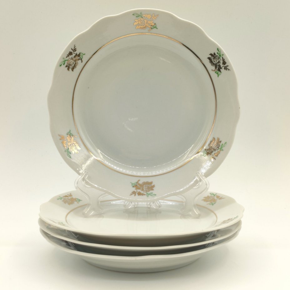 Набор из 4-х десертных тарелок с декором "Роза", фарфор, деколь, золочение, Дулевский фарфоровый завод (Дулёво), СССР, 1964 г.